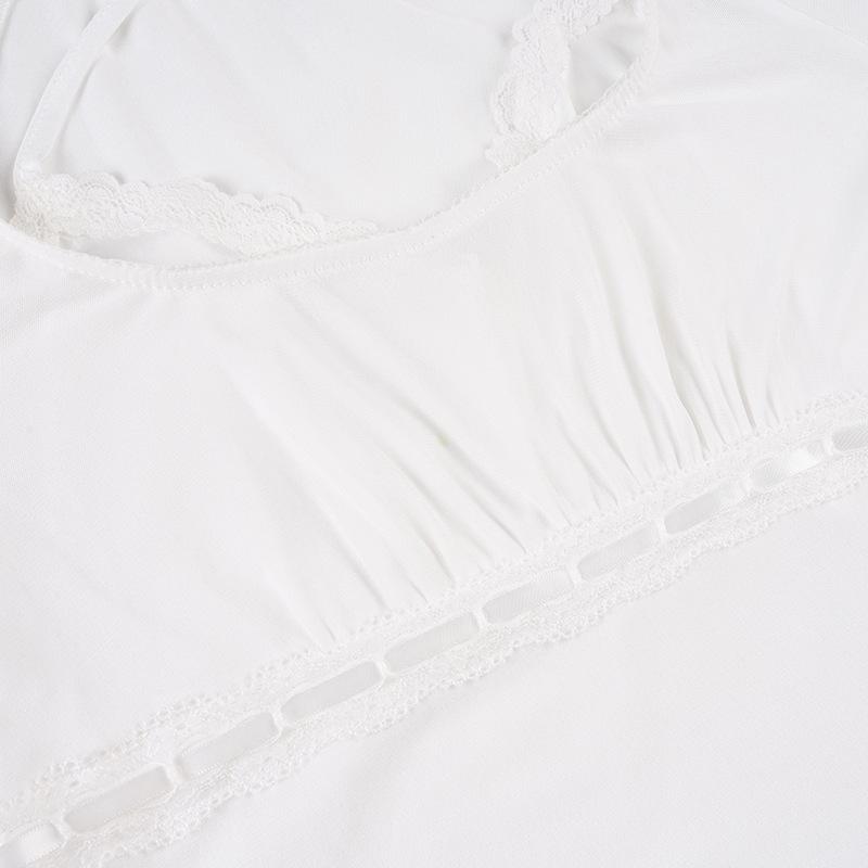 Стильный женский белый комплект из двух предметов с сетчатыми вставками, пэчворком и отделкой воланами, с прозрачным топом с длинным рукавом