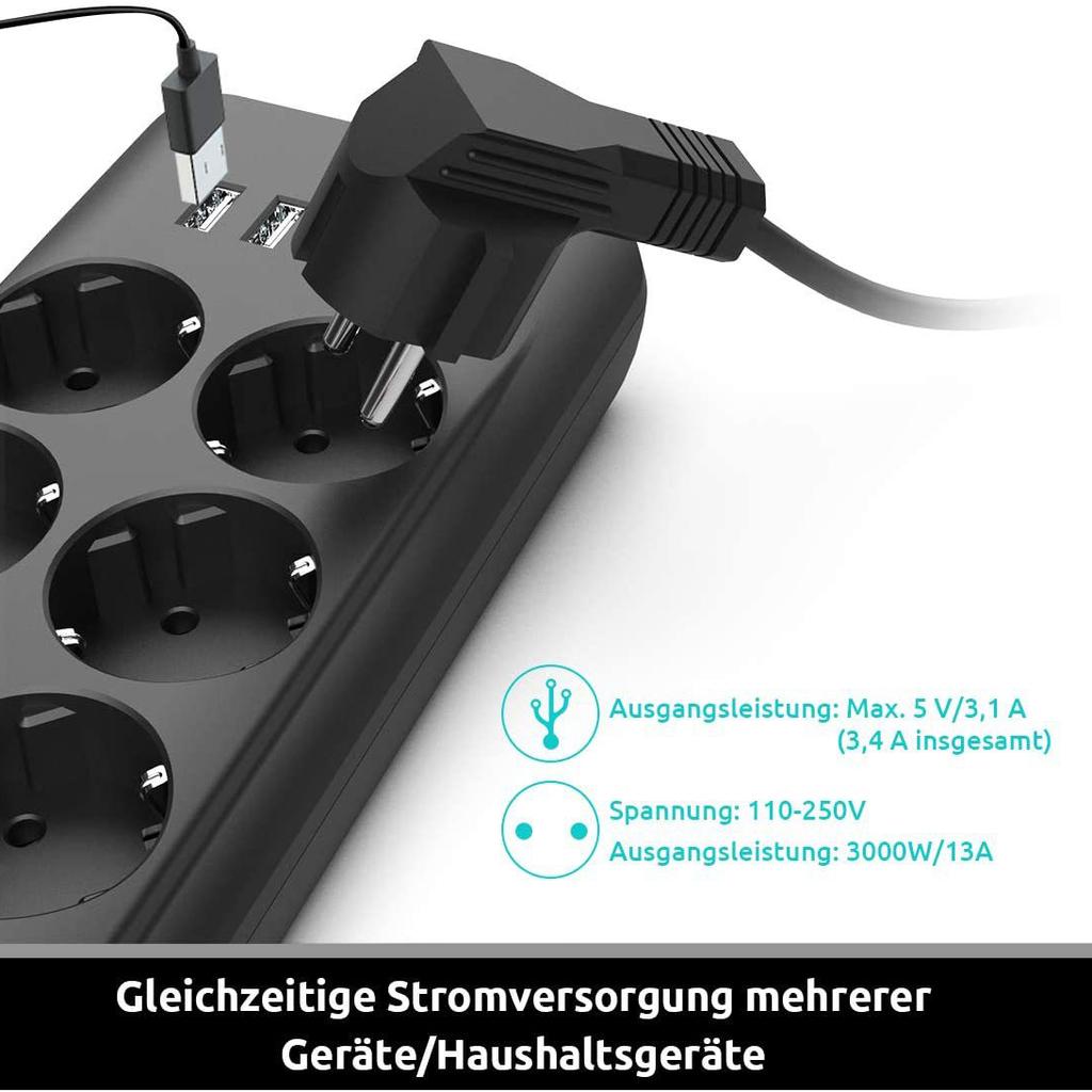 Умная розетка, кабель 2 м, 8 розеток, 4 USB-порта для быстрой зарядки — черная розетка