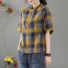 Женские блузки в весенне-летнем стиле, женские повседневные блузки с коротким рукавом и воротником-стойкой, клетчатые блузки с принтом, топы