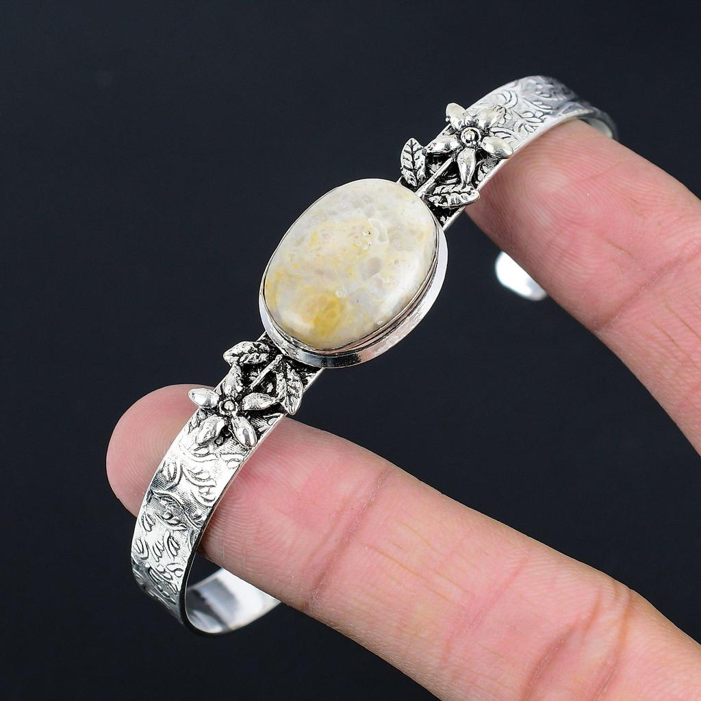 День дочерей Сделка Серебро 925 Проба Ископаемый Коралл Драгоценный Камень Цветок Новый Браслет-Бэнгл