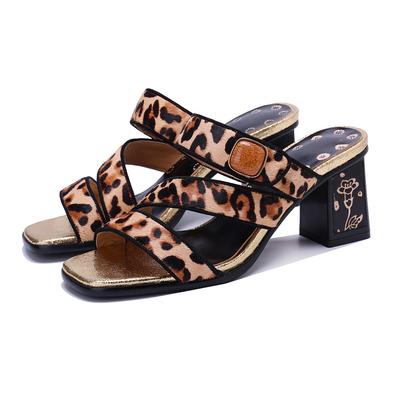 Модные тапочки на высоком каблуке из конского волоса, универсальные сандалии с квадратным носком и леопардовым узором, удобные сандалии на толстом каблуке