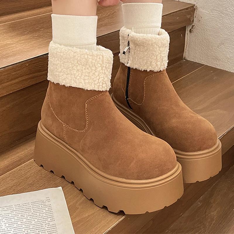 Ботильоны женские на меховой платформе, замшевые туфли на плоской подошве, женские, 2025 года, тренд, зимняя мода, дизайнерские, для ходьбы, повседневные, теплые, для снега, женские