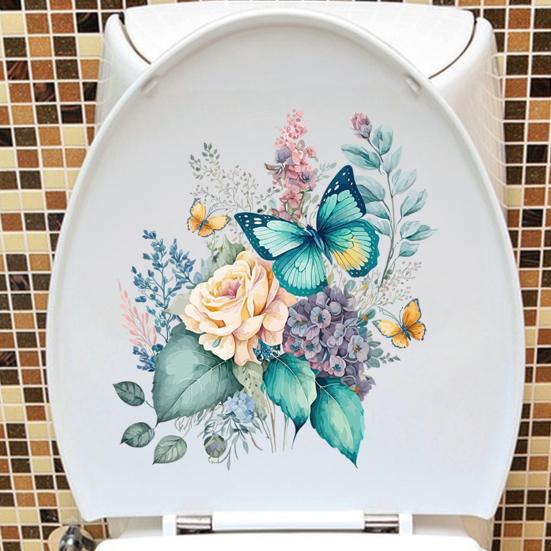 Toilet Stickers Watercolor Floral Peony Butterfly Durable Waterproof Self-Adhesive Wall Sticker for Bathroom Decor