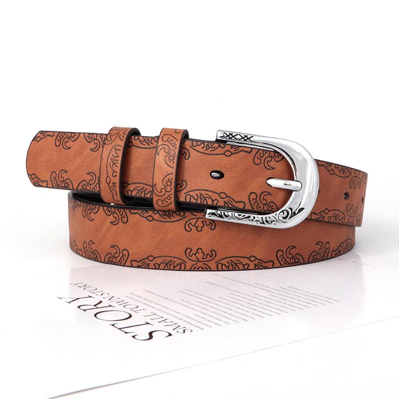 Leather Boho Inspired Belt With Embossed Design And Silver Buckle Womens For