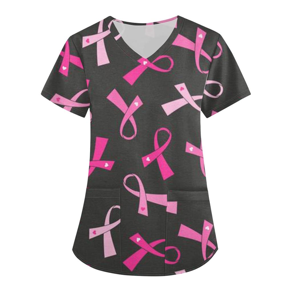 Women's Short Sleeve Breast Printed V-neck Pocket Uniform Upper Garment