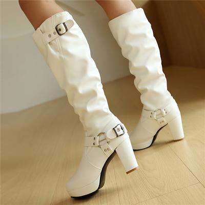 FOREADA Женские высокие сапоги до колена с круглым носком, на толстом высоком каблуке, плиссированные, с пряжкой, металлической отделкой, сапоги гого, женская модная обувь, зима 45
