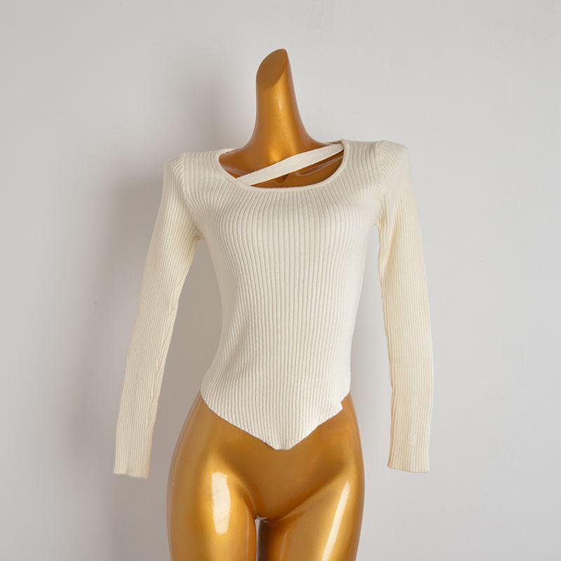 Fall and Winter New Arrival Fashion Cross Irregular Knitting Bottoming Shirt Sweater Women's off-Shoulder Silm Long-Sleeved Versatile Top