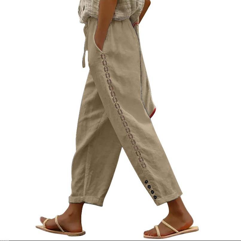 Женские хлопковые льняные шаровары, летние свободные полые брюки с кружевной строчкой, женские винтажные широкие брюки до щиколотки