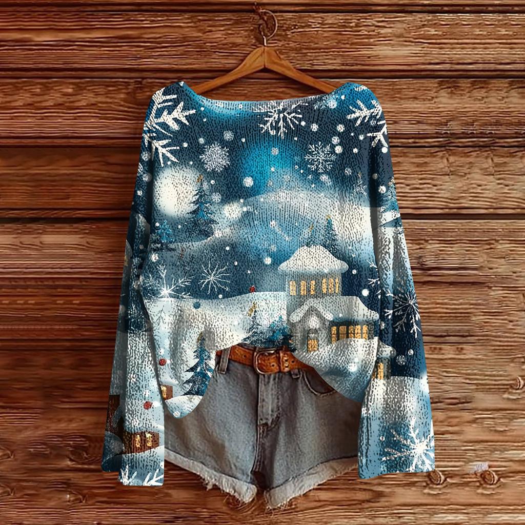 Women's Christmas Print Lightweight Sweater Casual Long Sleeve Knitted Pullover