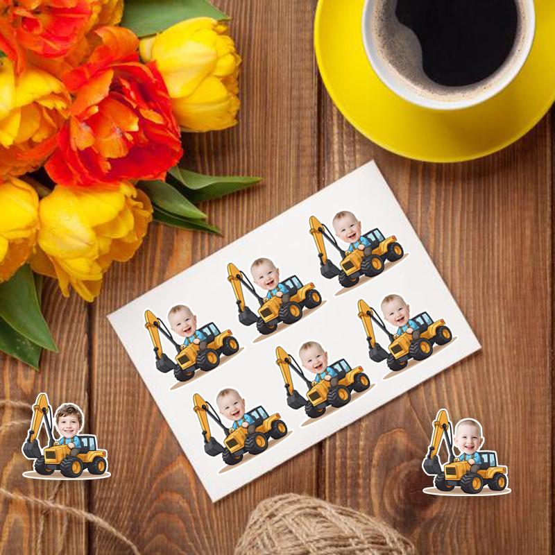 20pcs Personalized Construction With Face Paper Sticker Customized Excavator Stickers Kids Birthday Sealing Labels Party Supply