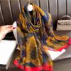 Large Shawl Commuter Sunscreen Light Luxury Silk Scarf Soft Yarn Scarf Women's Large Size Fashion Flower Temperament Simulation Silk