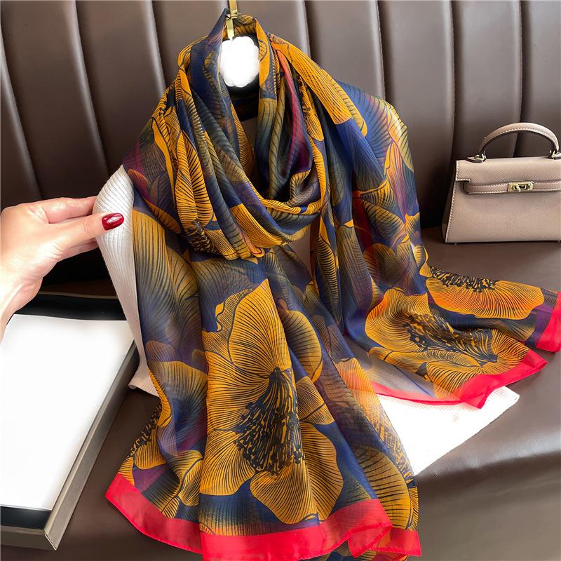 Large Shawl Commuter Sunscreen Light Luxury Silk Scarf Soft Yarn Scarf Women's Large Size Fashion Flower Temperament Simulation Silk