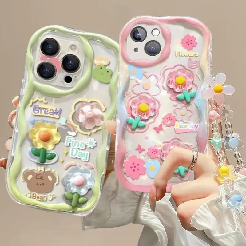 3D Розовый Цветок Цепочка для Телефона Прозрачный Чехол для Samsung Galaxy S26 S25 Plus S23 S24 Ultra FE S25FE A57 A37 A17 A56 A16 A55 A54 A15 5G