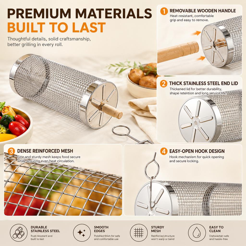 4/6/8 Pack Stainless Steel Rolling Grilling Basket Set Wooden Handle Outdoor Camping BBQ Vegetable Meat Grilling Accessories