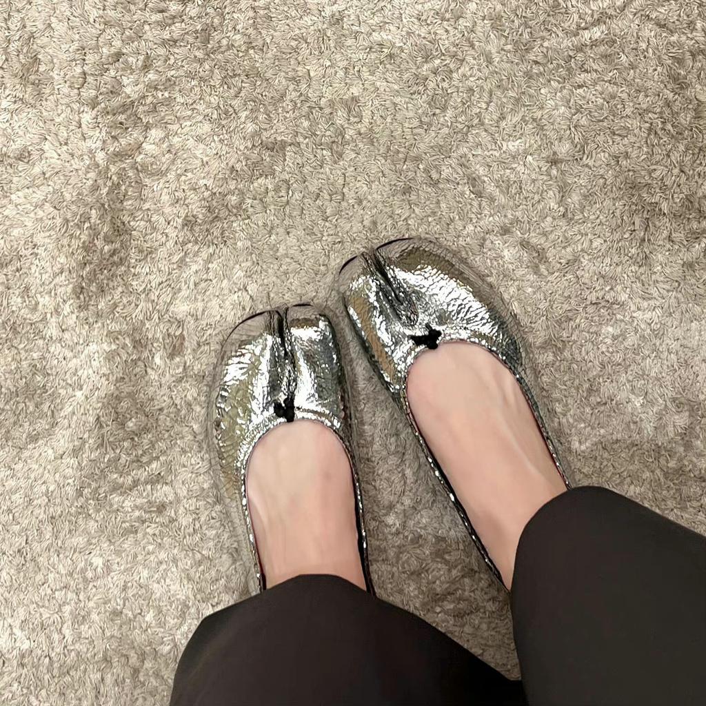 Sheepskin Version~ Mirror Split-toed Shoes Women's Pig's Trotters Shoes Shallow Mouth with Skirt Flat-soled Single Shoes Genuine Leather Mary Jane