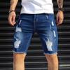 Men Denim Shorts Straight Tapered Legs Ripped Holes Design Knee-Length Shorts Versatile Style Short Jeans