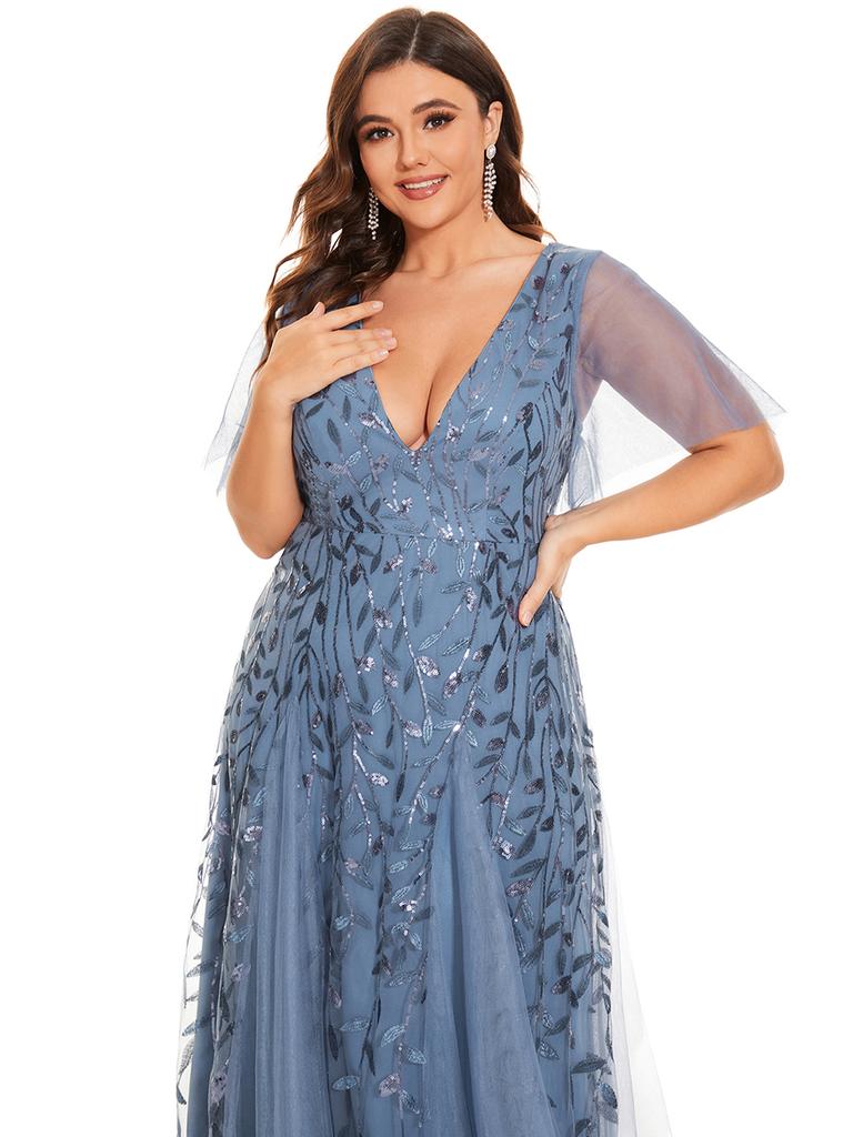 Ever-Pretty Womens Plus Size V Neck A Line Sequin Tulle Formal Dresses