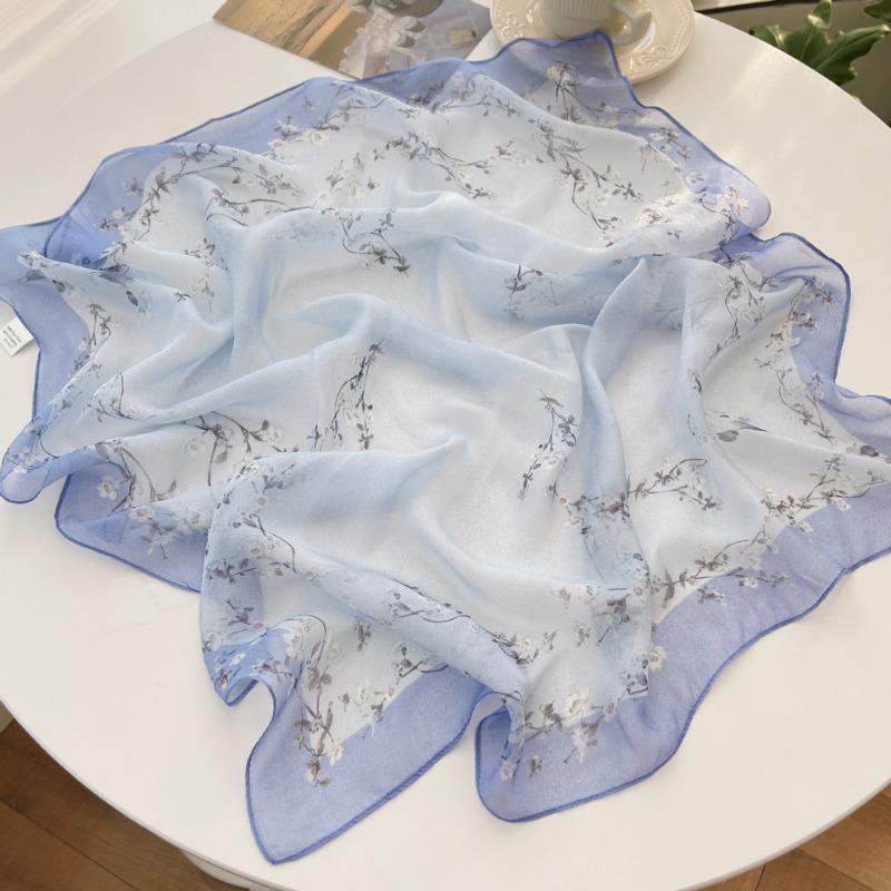 Весенне-летний синий цветочный универсальный тонкий маленький шелковый шарф женский шелк тутового дерева модный для защиты шеи маленький квадратный шарф шарф