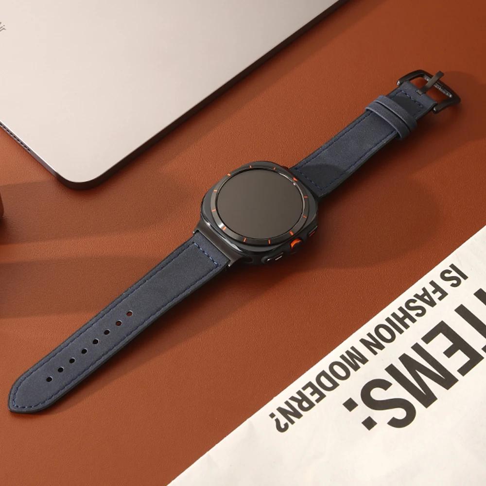 Кожаный деловой ремешок для Samsung Galaxy Watch 8 Classic 46 мм 44 мм 40 мм без зазоров, мужской браслет для Galaxy Watch 7 Ultra 47 мм, роскошный ремешок с изогнутыми концами