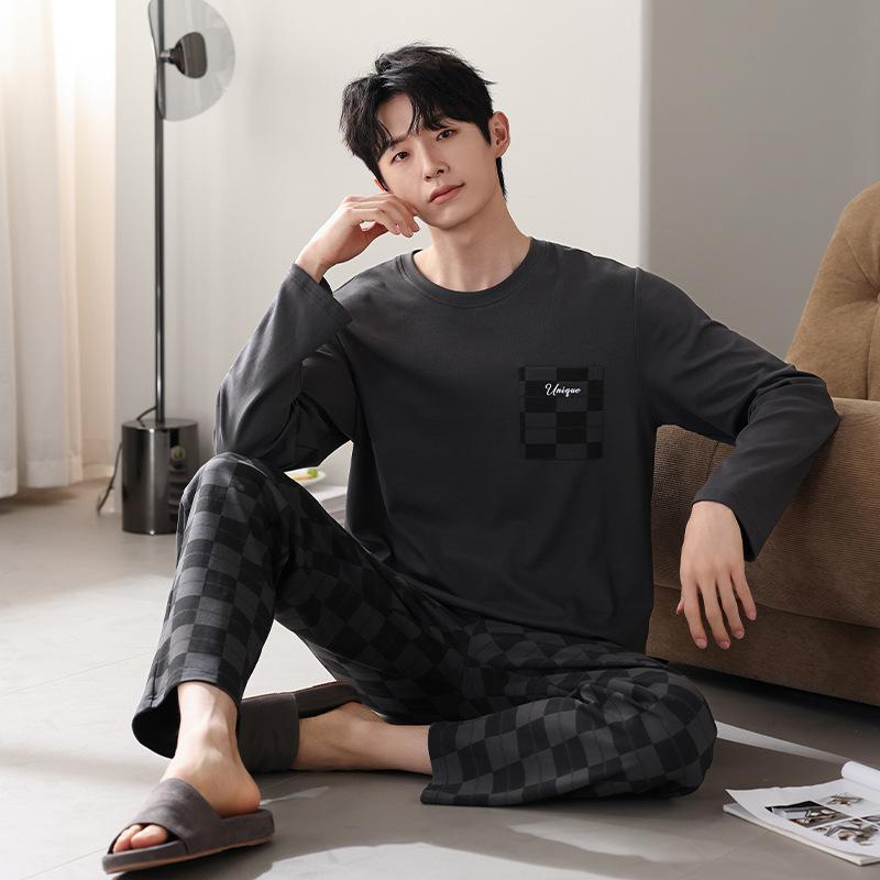 Pajamas Men'S Pure Cotton Long-Sleeved Spring And Autumn Casual Pullover High-End Simple Loungewear Large-Size Set
