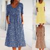 Women Summer Boho Floral Print Dress Round Neck Short Sleeve Loose Pocket Dress