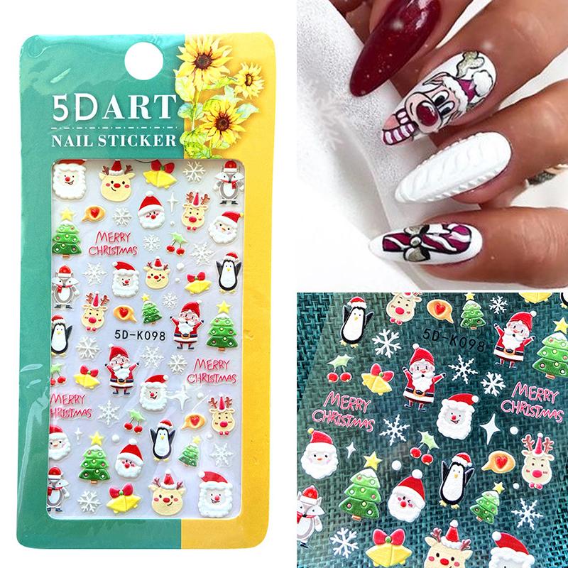 4set New Year Nail Art 5D Adhesive Stickers Embossed Color Christmas Nail Decals