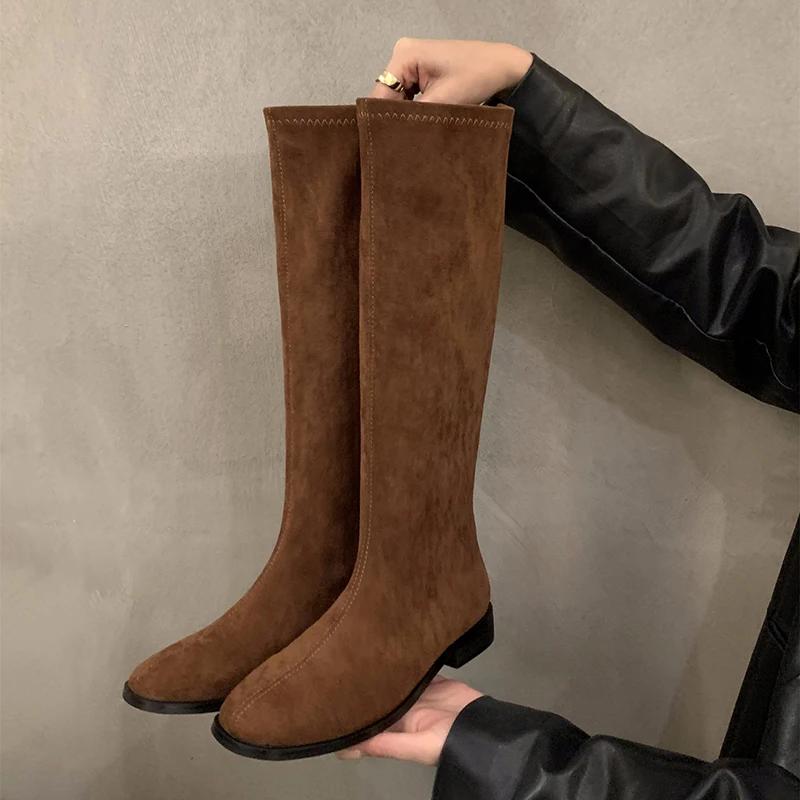 Мода Ретро Стиль Женщины Рыцарь Высокие Сапоги Мода Мягкая Кожа Тонкие Длинные Ботинки Осень Зима Дамы Плоская Обувь