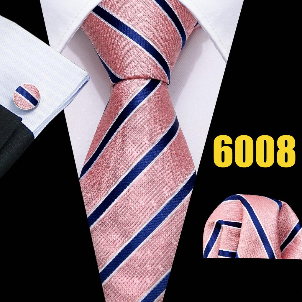 Barry.Wang Classic Tie for Men Woven Silk Striped Neckties Handkerchief Set Cufflinks Formal Casual