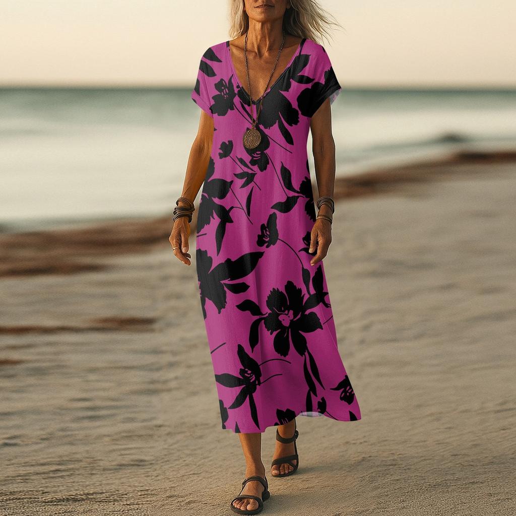 Летнее платье Женское длинное платье бохо для пляжа Элегантное платье макси V-образный вырез Короткий рукав Летнее платье-туника Легкое воздушное