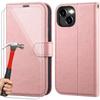 Чехол для iPhone 15 - Защита с эффектом кожи - Розовый - 2 закаленных стекла - Подставка - Беспроводная зарядка