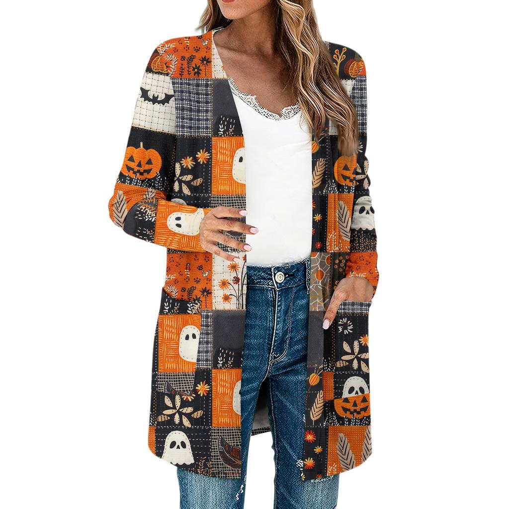 Женские легкие кардиганы с длинным рукавом и открытой передней частью, легкое винтажное пальто с длинным рукавом и принтом, с карманами