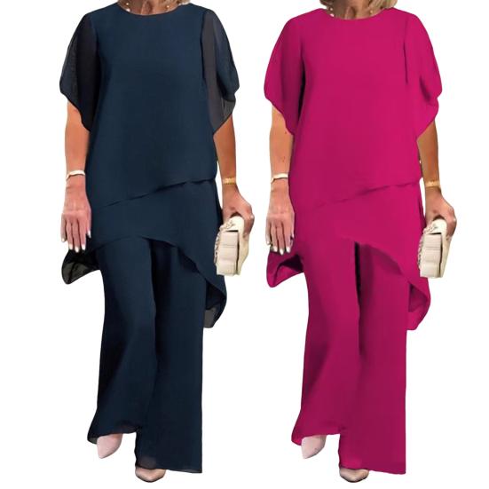 Women's 2-Piece Chiffon Set Casual Plus Size Wide Pant Suit Ruffle Asymmetric Layers Wedding Guest Outfit for Spring Summer