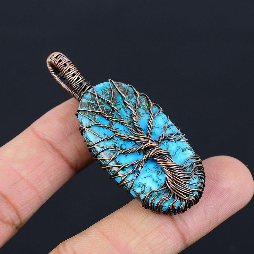 Tree Of Life Tibetan Turquoise Gemstone Pure Copper Wire Wrapped Handmade Pendant Jewelry