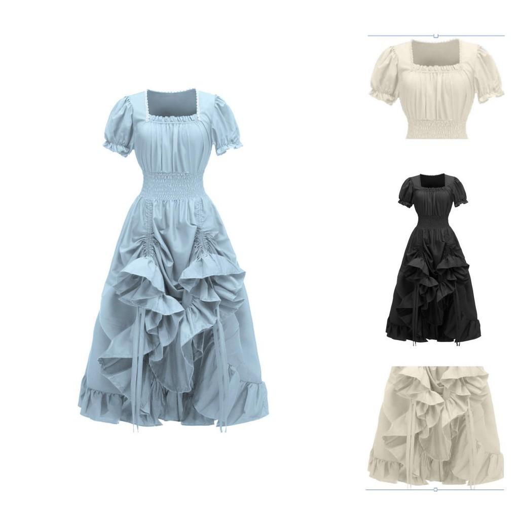 Vintage Renaissance Square Neck Short Sleeve Dress Medieval Pastoral Cosplay Dress