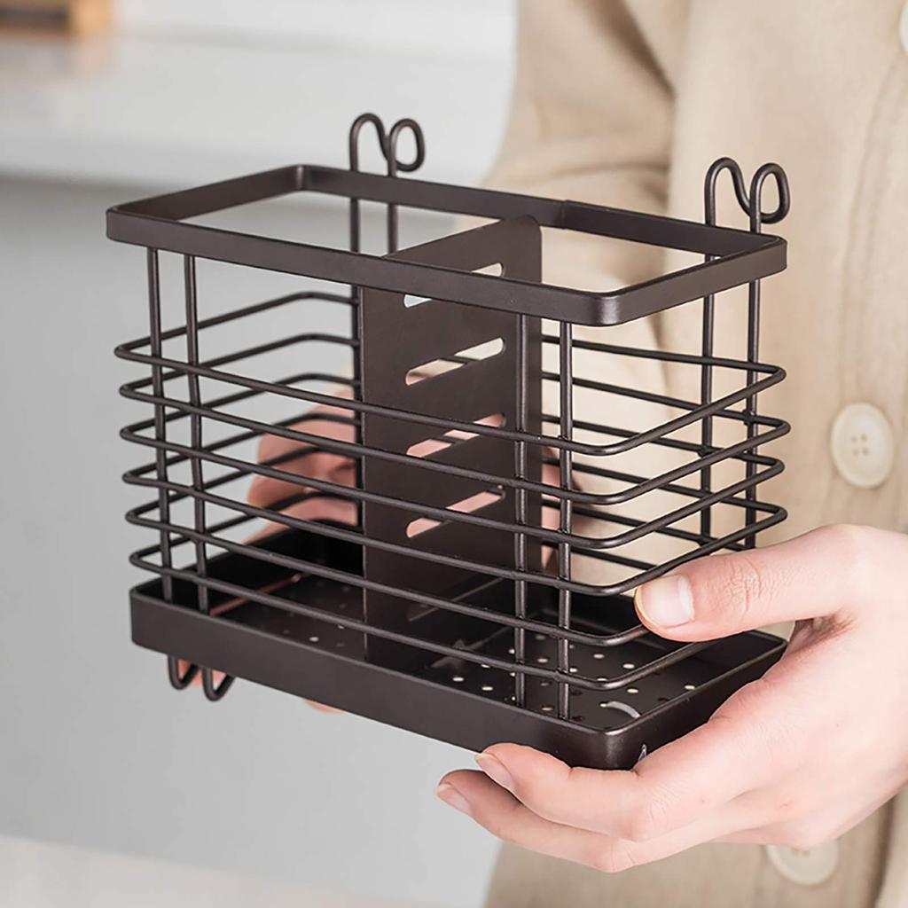 VANRA Chopstick Holder Cutlery Stand Drainer Holds Spoons and Forks Stainless Steel 2 Compartments with Hook (Brown)