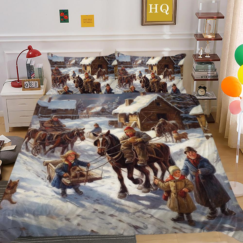 Рождественская карета, снежная сцена, 3D-принт, полиэстеровая наволочка, пододеяльник, набор из двух или трех предметов, можно