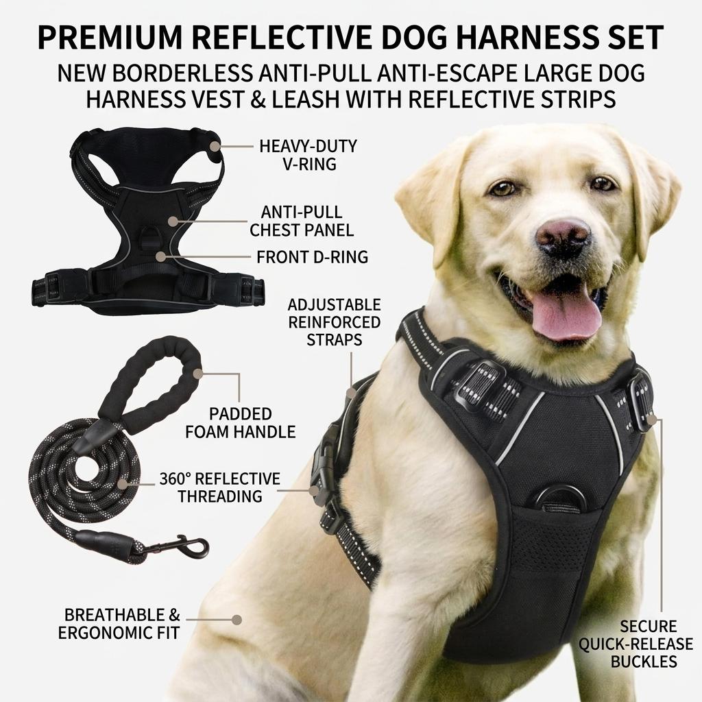 Dog Anti-Pull Harness Reflective Vest Style Leash for Large Dogs with Adjustable Straps and High-Visibility