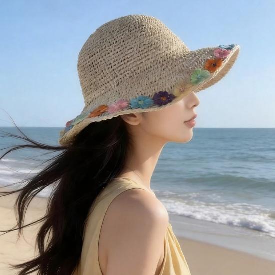 Beach Hat Hollow Design Large Eaves UV Blocking Colorful Flower Decoration Sun Protection