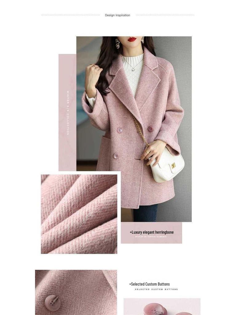 2025 Women's Petite Wool-Blend Herringbone Coat - Mid-Length, Loose, Slimming, Stylish for Spring & Autumn Fashion Trends