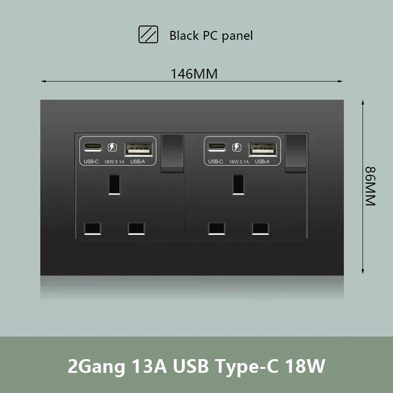 Черная настенная розетка UK 13A с USB Type C 18 Вт для быстрой зарядки, универсальная настенная розетка 220 В, электрический выключатель света