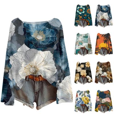 Женский легкий свитер повседневный с длинным рукавом вязаный винтажный с цветочным принтом пуловер