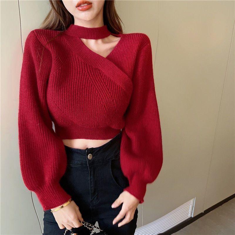 Korean Irregular Hanging Neck Short Pullover Sweater Women Sweet and Spicy High Waisted Sweater Caution Pullover Female Tops