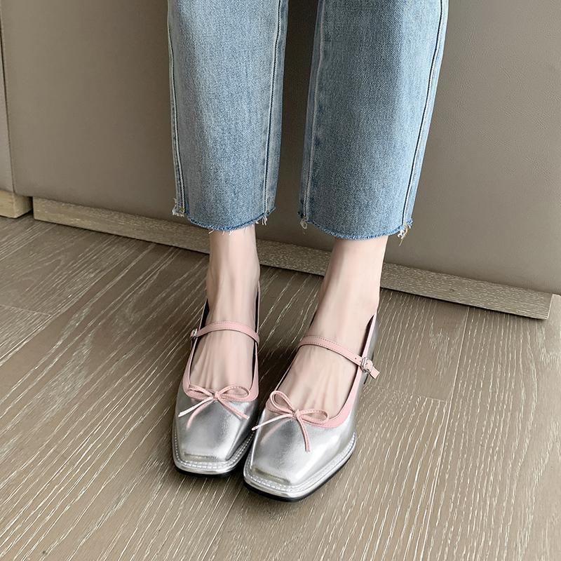 Осенние туфли с бантом женские с юбкой сказочные туфли одно слово с французским средним каблуком толстый каблук Мэри Джейн маленькие кожаные туфли