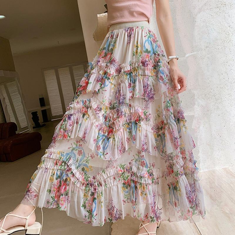 Qooth Элегантная длинная юбка из тюля с принтом феи, модная плиссированная юбка трапециевидной формы с цветочным принтом и эластичной резинкой на талии QT2372