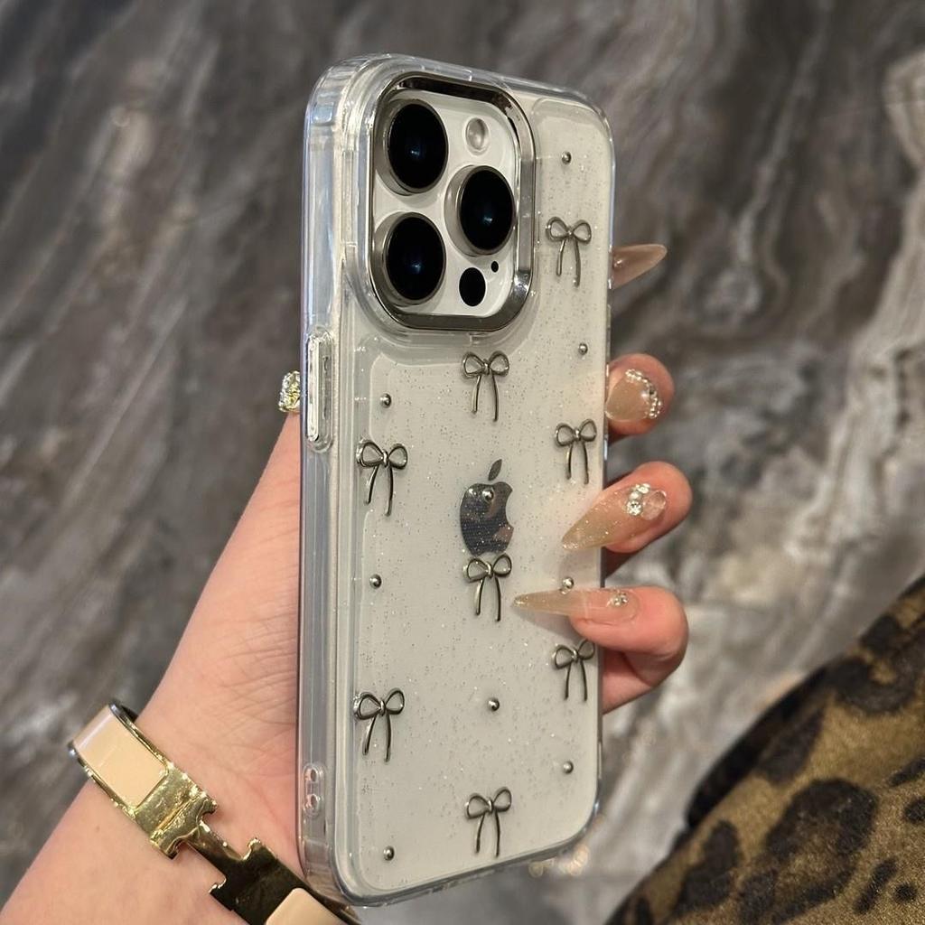 INS Корея Глиттер 3D Серебряный Бант Бусины Чехол для телефона для iPhone 17 Air 16 15 14 13 12 11 Pro Max Plus Эпоксидная оболочка Прозрачная бамперная крышка