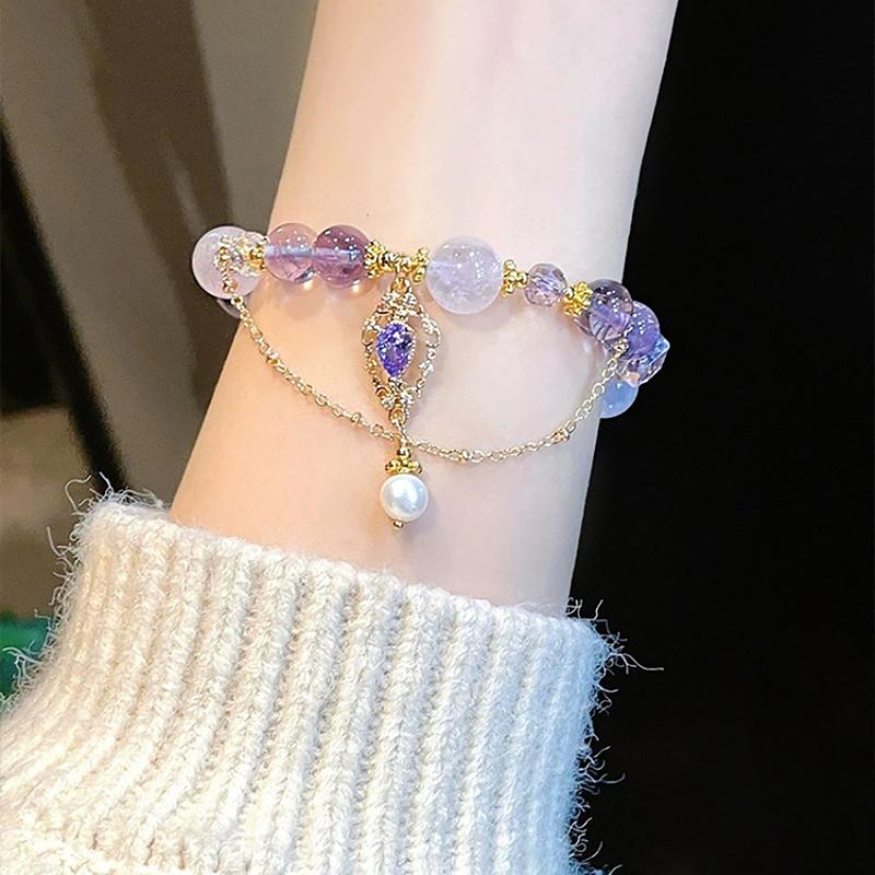 Chinese Style Light Luxury Purple Glass Beaded Bracelets For Women Tassel Pendant Bracelet Sweet All-Match Wrist Jewelry