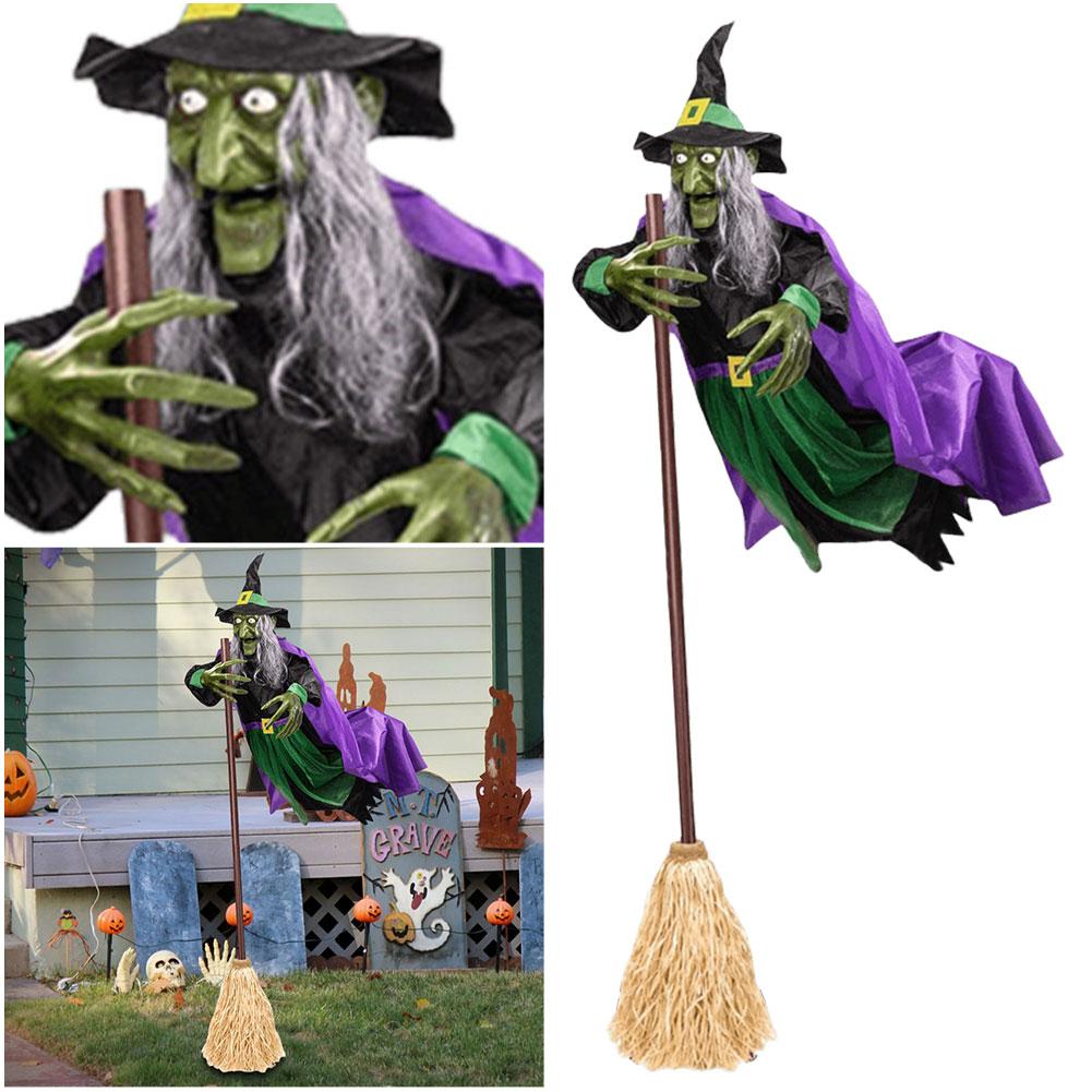 Halloween Flying Witch Decoration Outside Horror Spooky Flying Witch With Sounds Lights Garden Haunted House Decor Prop
