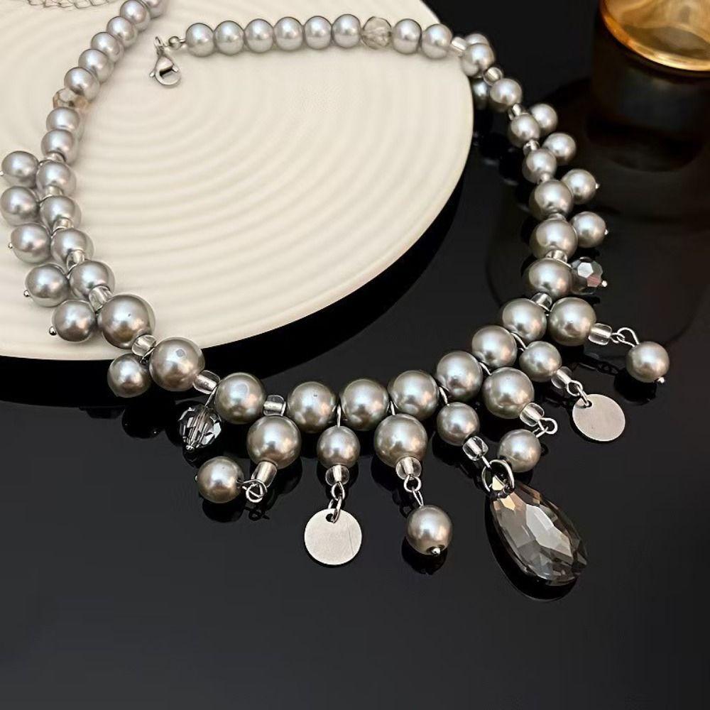 Grey Pearl Water Drop Pendant Neckchain Fashion Women's Clavicle Chain  Party