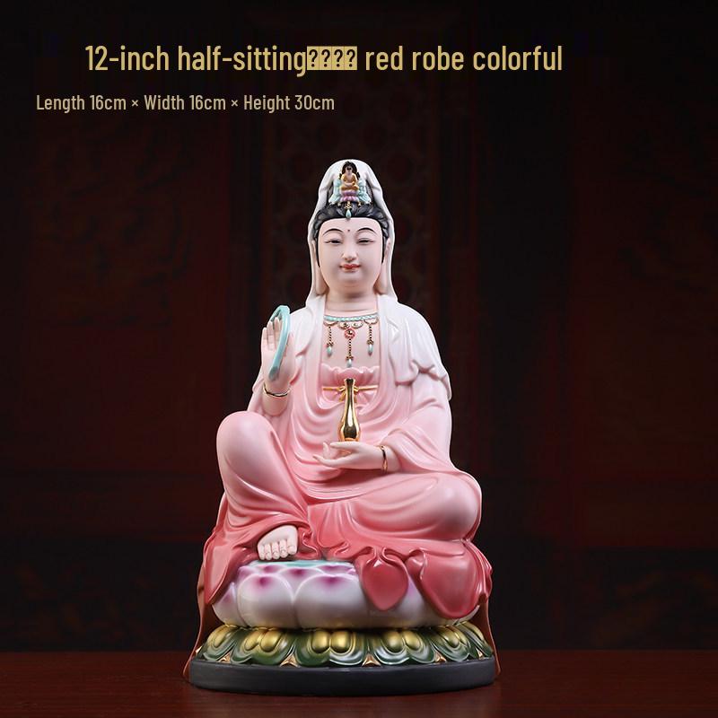 Red Robe Ceramic Guanyin Ornament – Home Worship Bodhisattva Statue for Living Room Decor