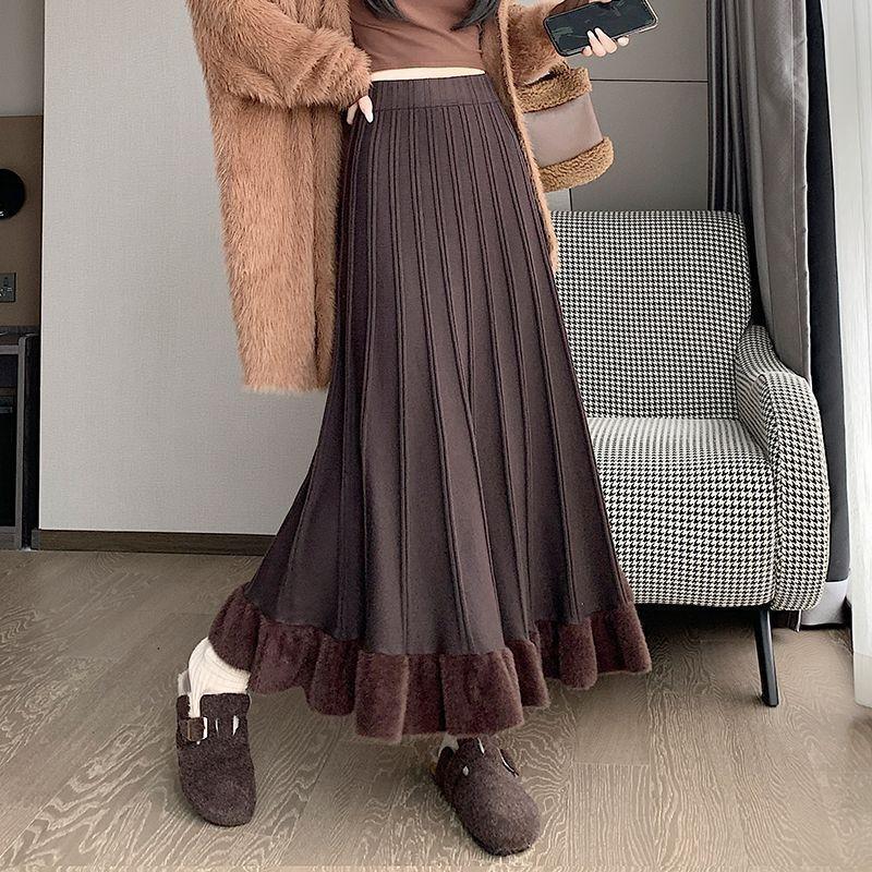 Осенне-зимняя женская вязаная плиссированная юбка длинная с высокой талией А-силуэта